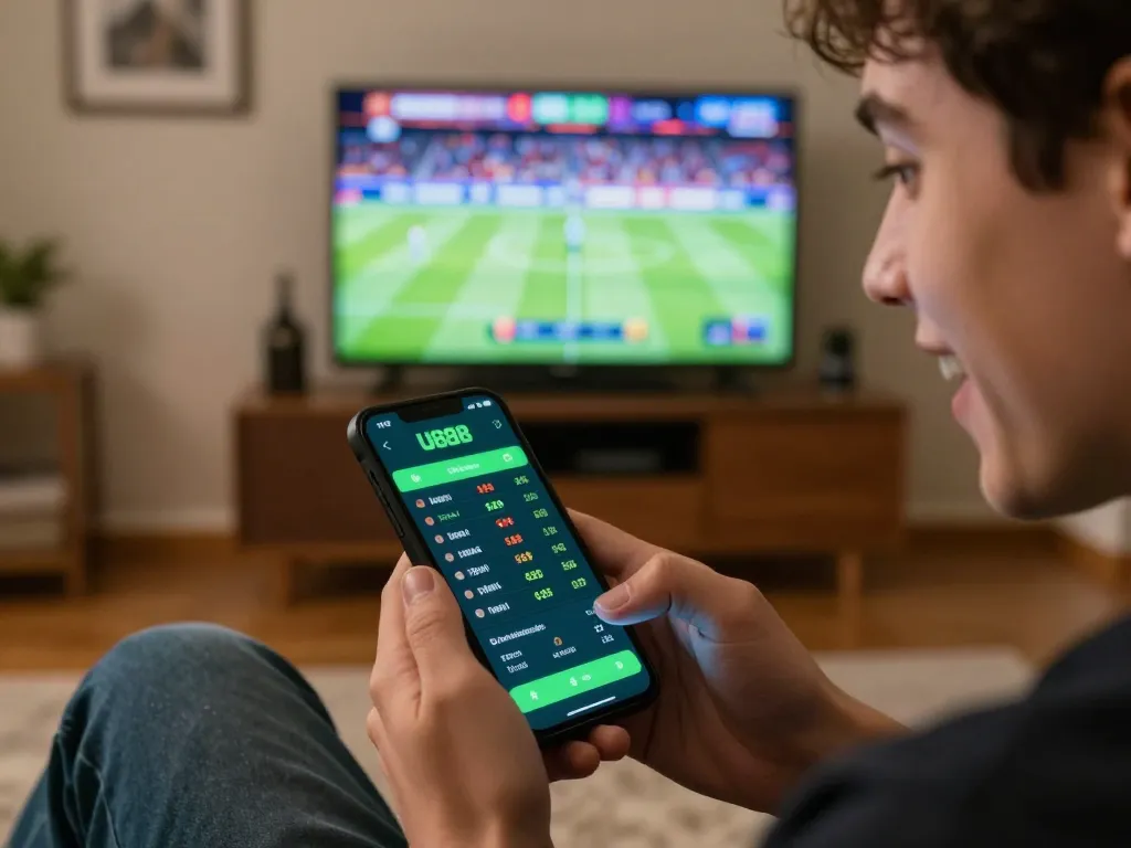 Placing a wager on U888 through a smartphone in a cozy living room during sports betting.