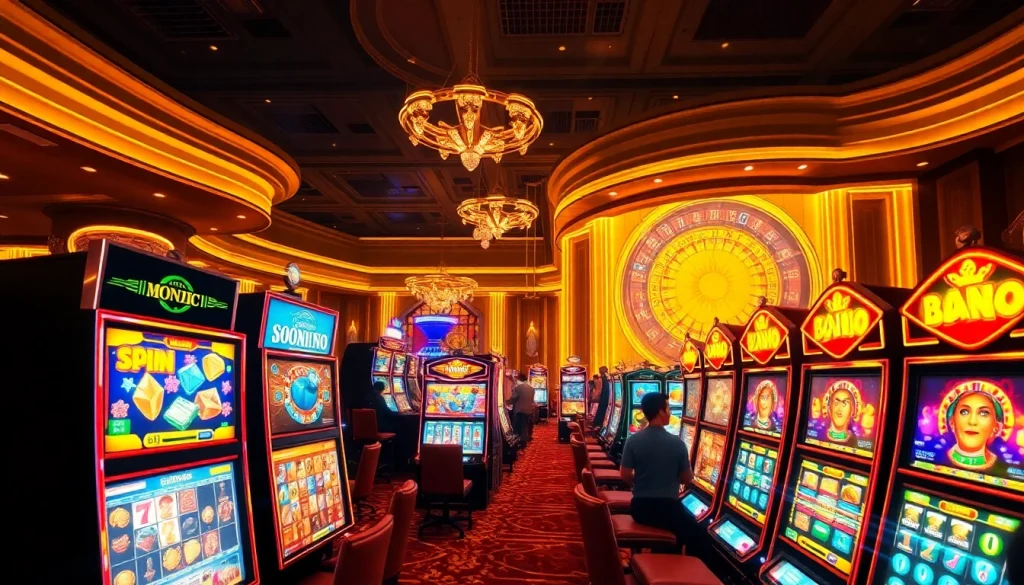 Engaging players experiencing Slot Online with vibrant slot machines in a luxury casino setting.