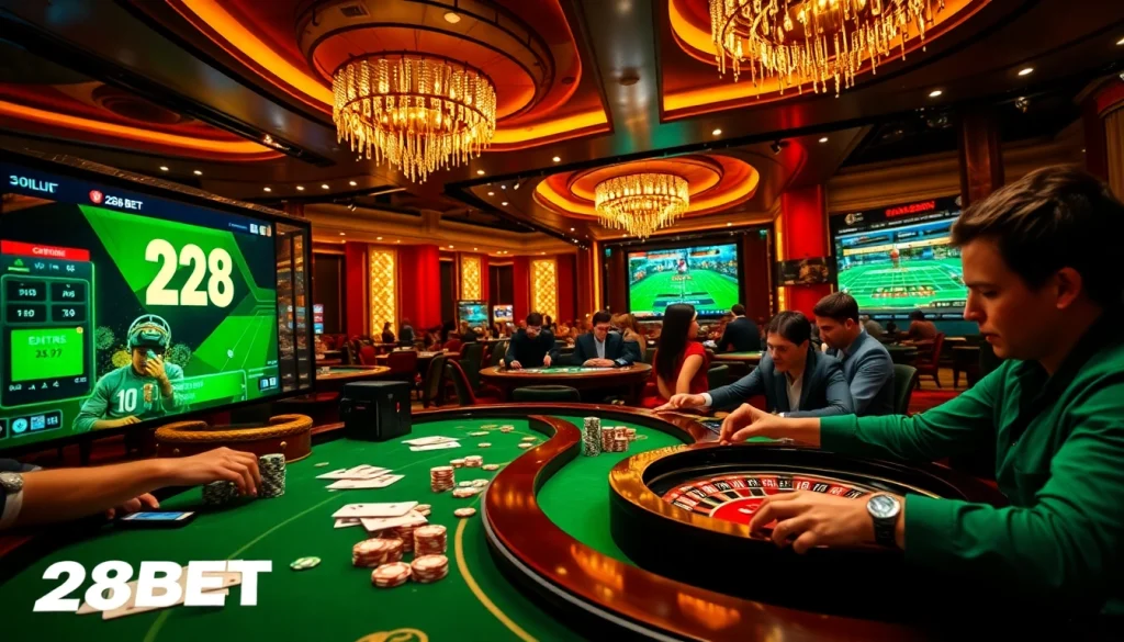 Exciting online gambling scene at 28BET featuring poker tables and vibrant casino lights.