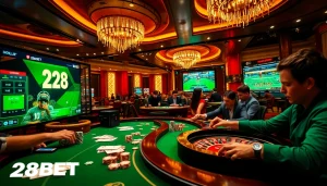 Exciting online gambling scene at 28BET featuring poker tables and vibrant casino lights.