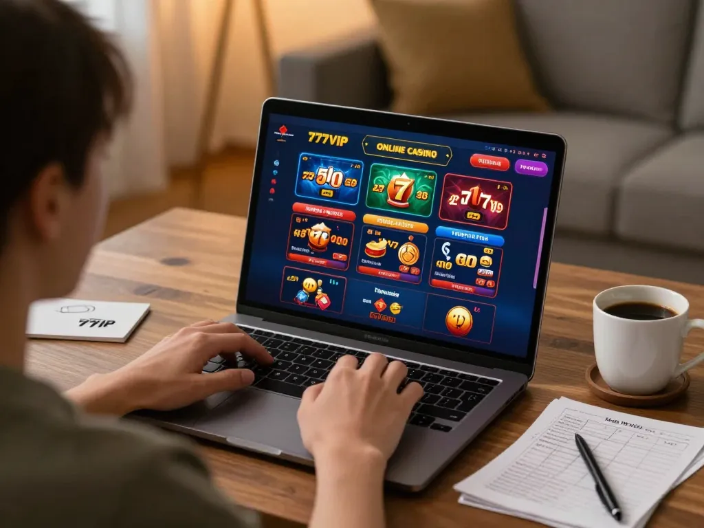 Engaging in online gaming excitement with 777VIP on a laptop, showcasing vibrant casino interface.