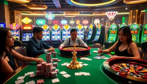 Experience thrilling gameplay at 98Win casino with vibrant poker chips and slot machines.