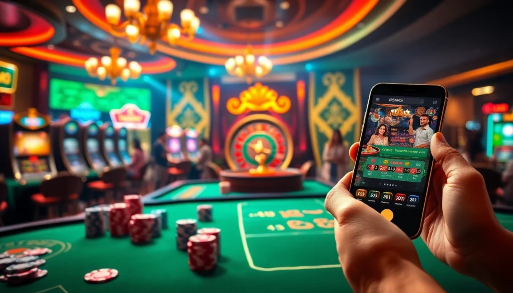 A dynamic casino atmosphere featuring GK88LIVE.IT.COM with players at tables and engaging gaming interfaces.