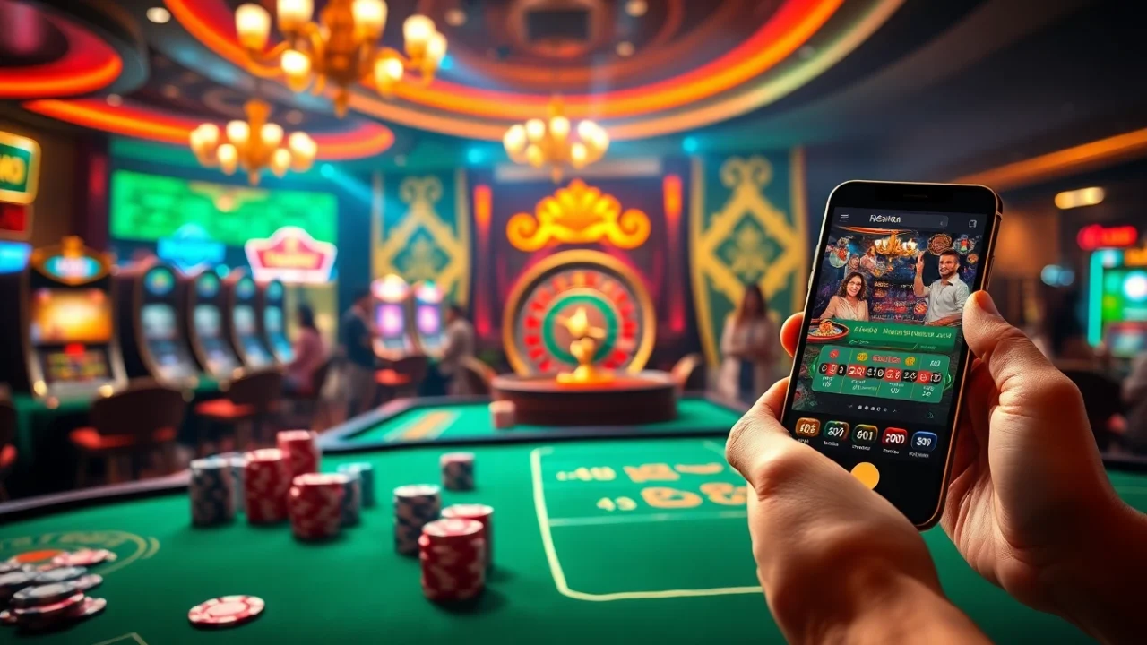 A dynamic casino atmosphere featuring GK88LIVE.IT.COM with players at tables and engaging gaming interfaces.
