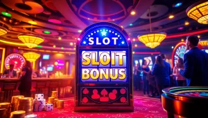 Engage with a slot bonus machine on a vibrant casino floor filled with excitement.