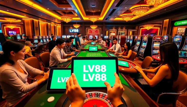 Players enjoying games at LV88 online casino, featuring baccarat and slots in vibrant surroundings.