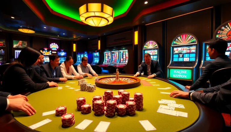 Situs11 players placing bets eagerly at a luxurious casino poker table.