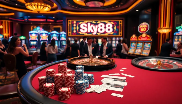 Engaged players at sky 88-themed casino tables enjoying a vibrant gambling atmosphere with slot machines and poker chips.