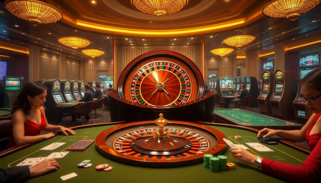 Experience the thrill of 33WIN at a luxury casino with vibrant gaming tables and roulette.