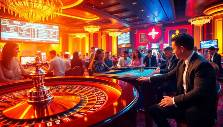 Engaged players placing bets at a roulette table in a stunning casino atmosphere on https://bem88.com.