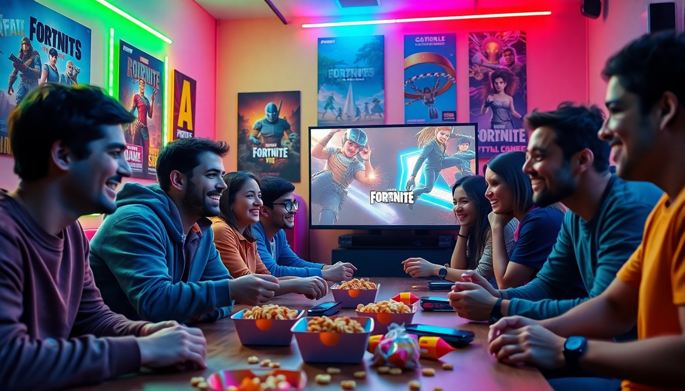 Jovens jogando hi game em reunião animada com luzes coloridas.