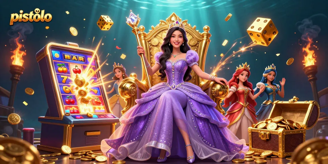 Pistolo casino illustration featuring an elegant Asian woman in a royal gown amid a jackpot explosion of coins and game symbols.