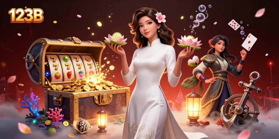 Engage in an exciting gaming experience with 123B featuring vibrant slot reels and a graceful Asian character.